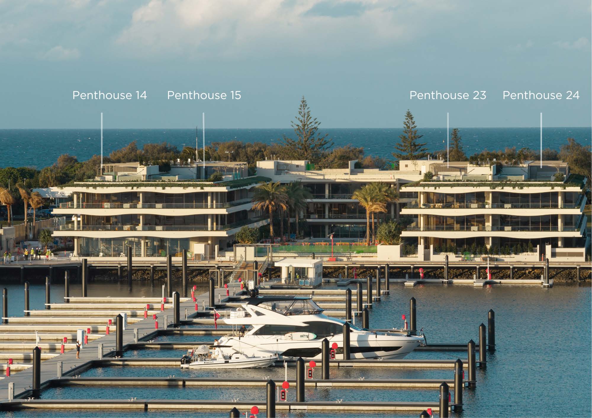 Elevation view of The Mantaray residences and marina, showing Penthouse 14, 15, 23 and 24