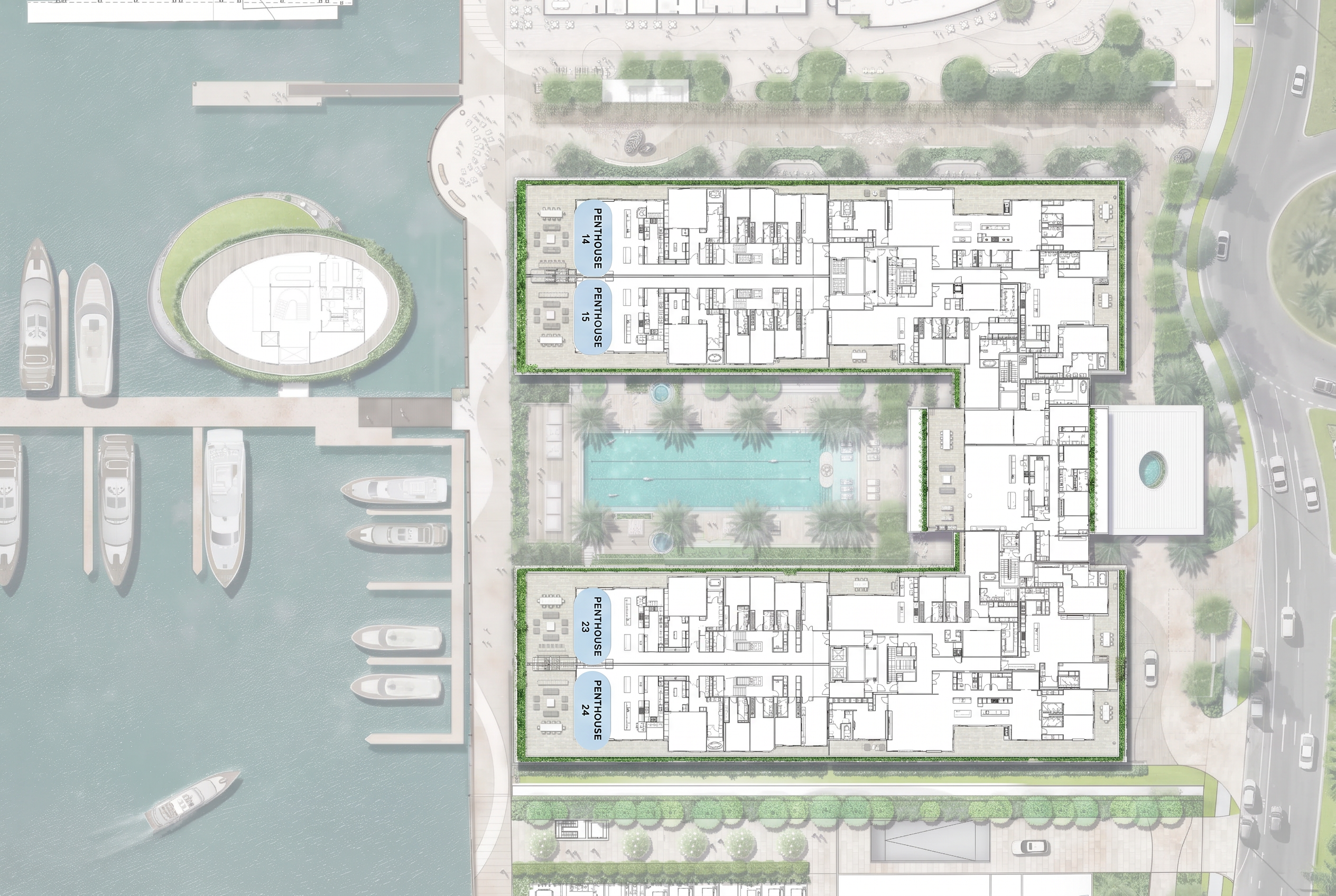 Penthouse level floor plate showing Penthouse 14, 15, 23 and 24 around the central pool